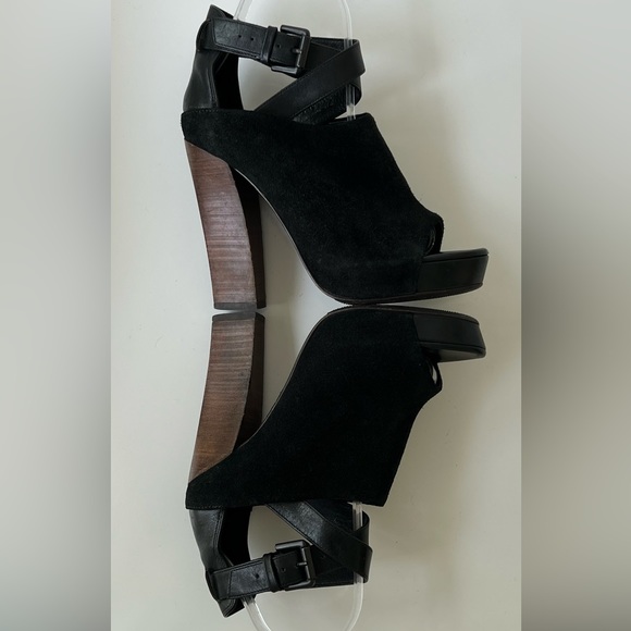 ALLSAINTS Black Suede Peep Toe Bootie Cross Strap Buckle Sandals Size 36 - Picture 7 of 16